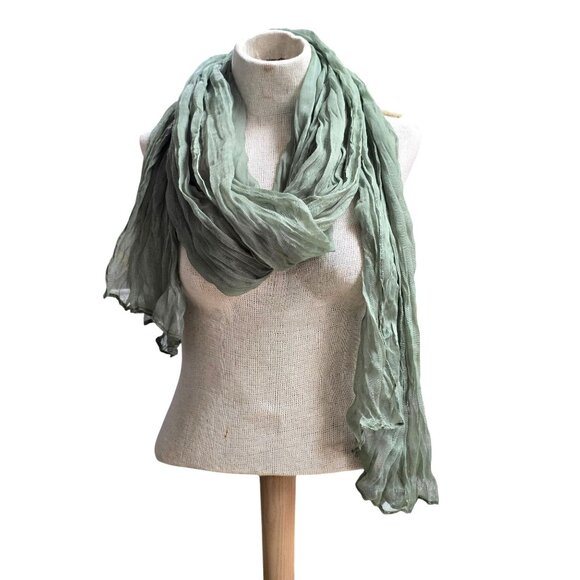 Sage Green Crinkled Scarf Wrap Soft Lightweight Cotton Blend - Picture 1 of 5